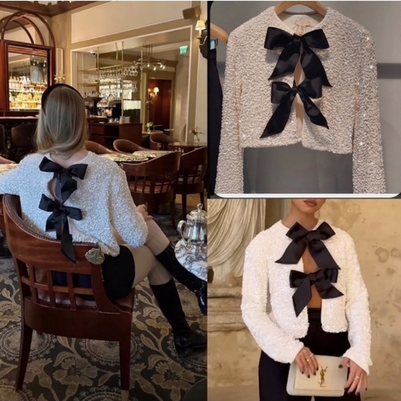 H&M viral white sequin black bow ribbon tie front cardigan sweater - Picture 6 of 16